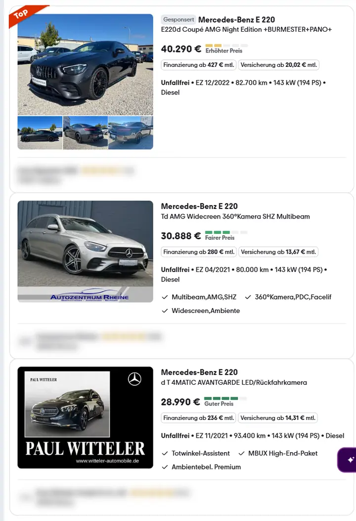 لقطة شاشة لإعلانات مرسيدس E 220 المستعملة على موقع mobile.de