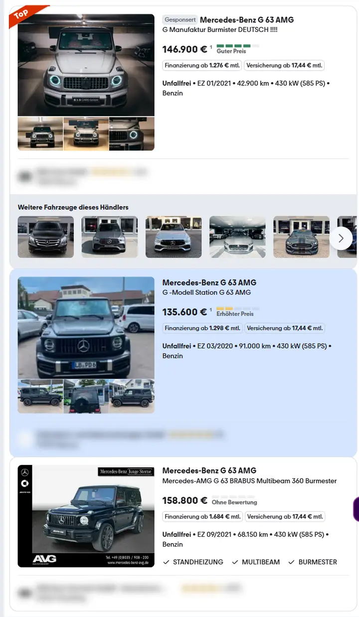لقطة شاشة لإعلانات مرسيدس G 63 AMG المستعملة على موقع mobile.de