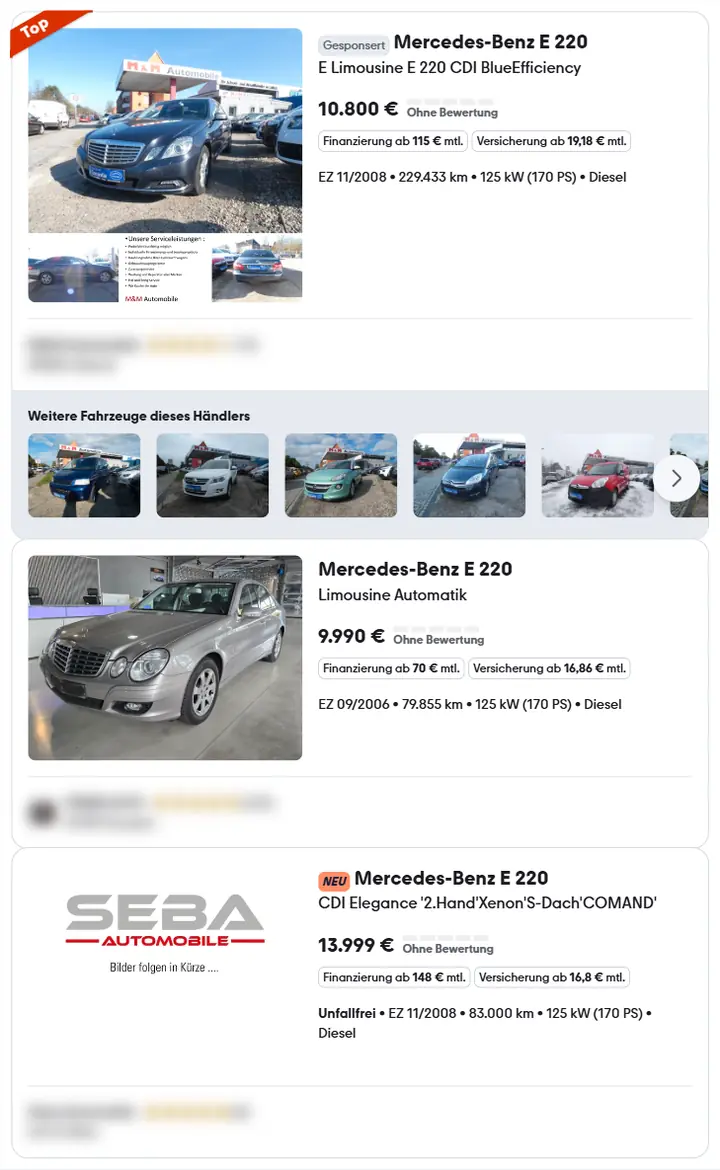 لقطة شاشة لإعلانات مرسيدس E 220 W211 المستعملة على موقع mobile.de